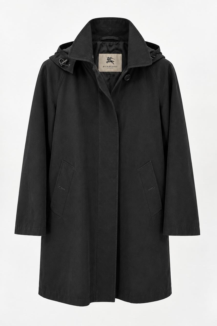 Burberry Vintage Black Hooded Car Coat Rain Jacket Trench Overcoat Size M L